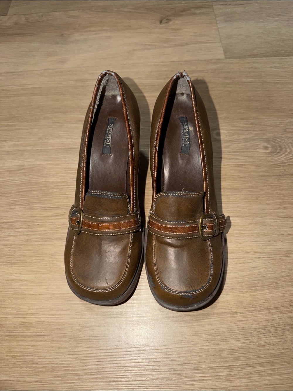 Splash Brown Two-Tone Buckle Heels - Women